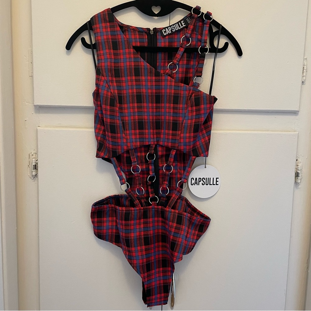 NWT Capsulle Red and Blue Plaid Cutout Bodysuit